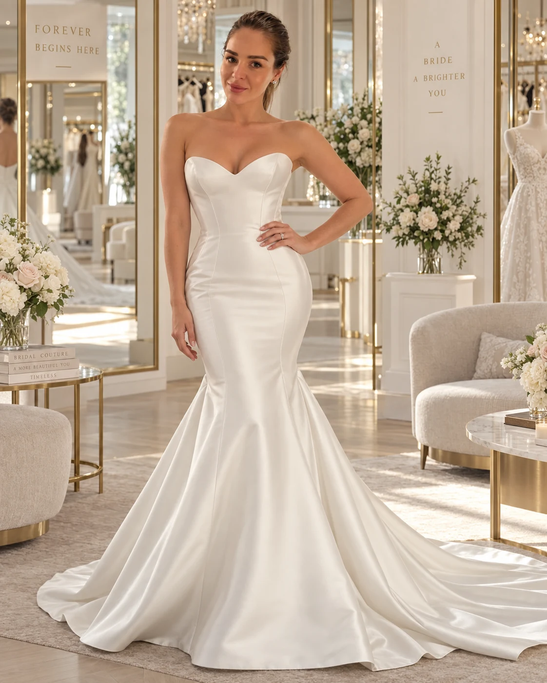 Lisa S Green wearing a sculptural ivory bridal gown in a light-filled couture salon