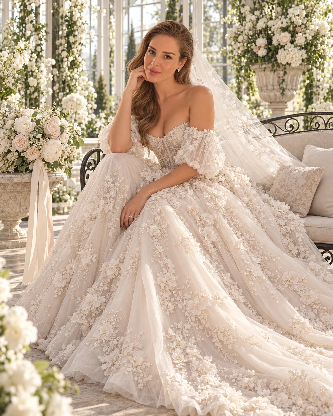 Lisa S Green seated in an ivory floral lace bridal gown and veil