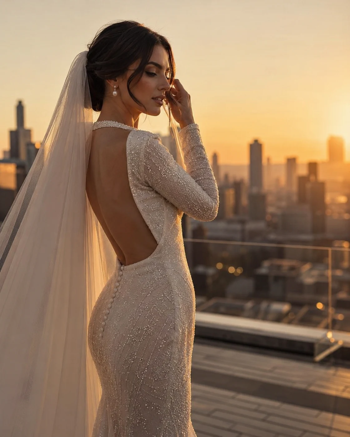 Refined long-sleeved bridal silhouette at sunset