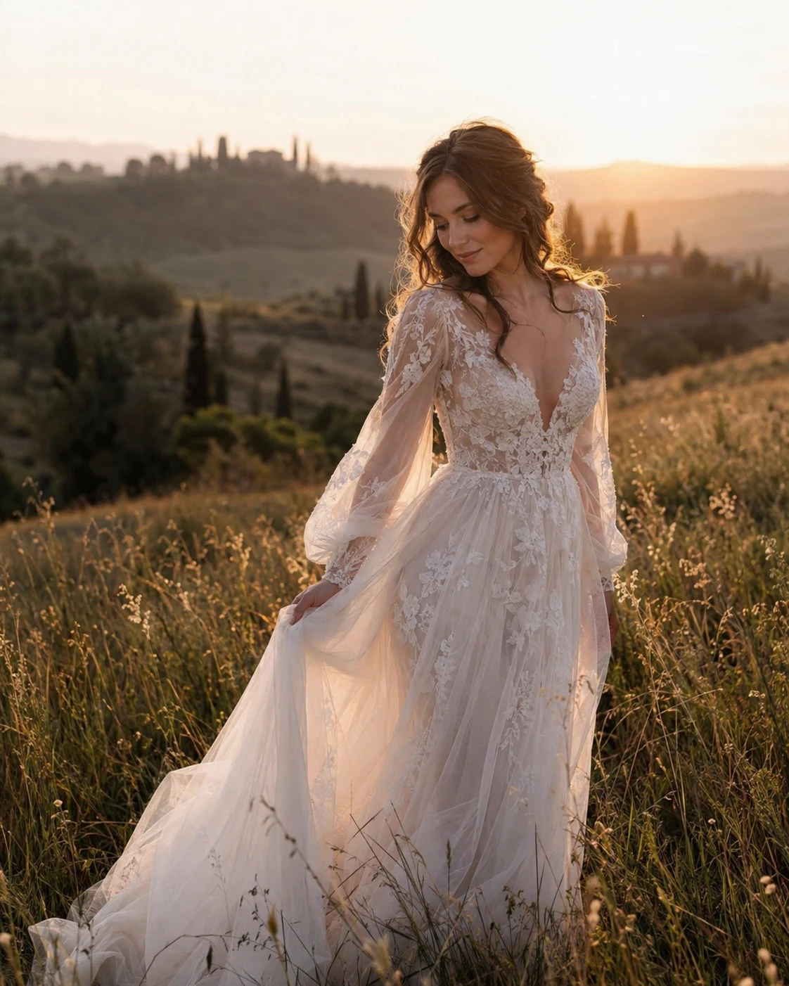 Romantic lace bridal silhouette in a sunlit landscape